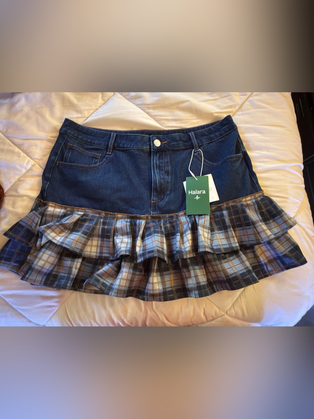 HALARA Blue Denim Mini Skirt with Plaid Ruffle